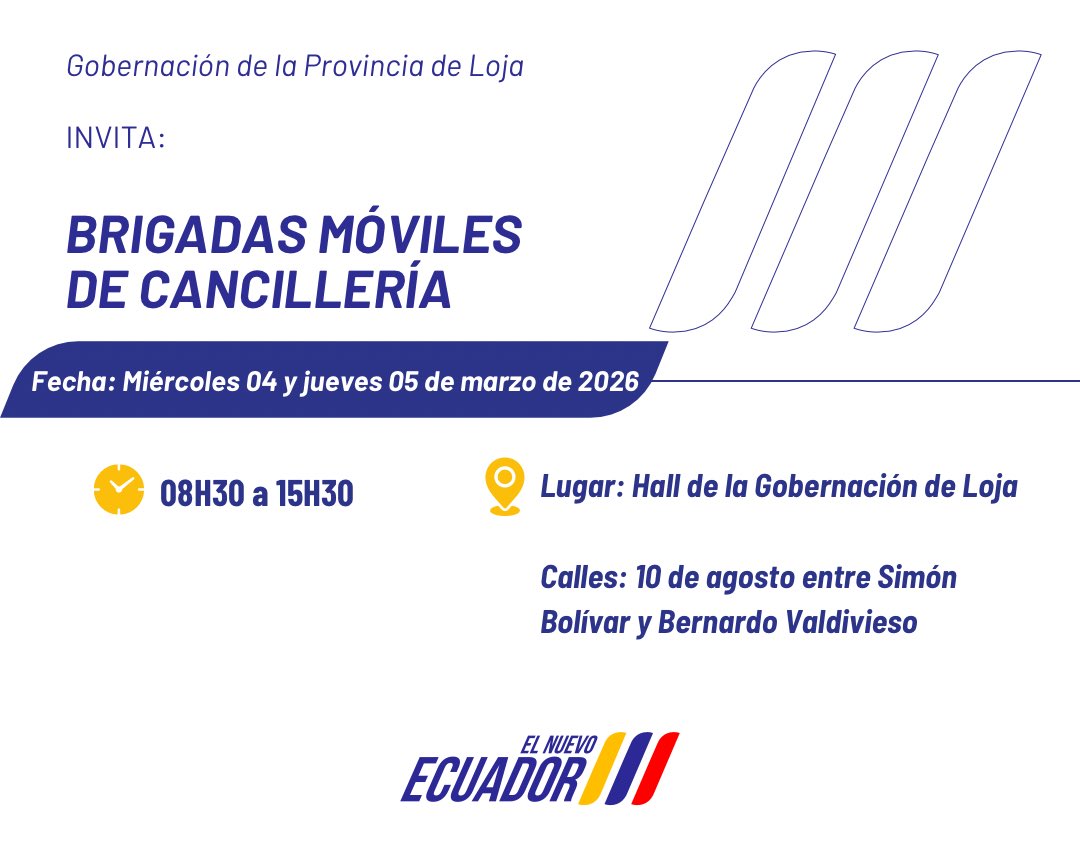 📢 #ATENCIÓN | <a href="/GoberLoja/">Gobernación de Loja</a> invita a la ciudadanía a participar en las Brigadas Móviles de <a href="/CancilleriaEc/">Cancillería del Ecuador 🇪🇨</a>, donde se brindará atención y orientación en diversos trámites y servicios.
🗓 4 y 5 de marzo de 2026
⏰ 08h30 a 15h30
📍 Hall de la Gobernación de Loja

#ElNuevoEcuador