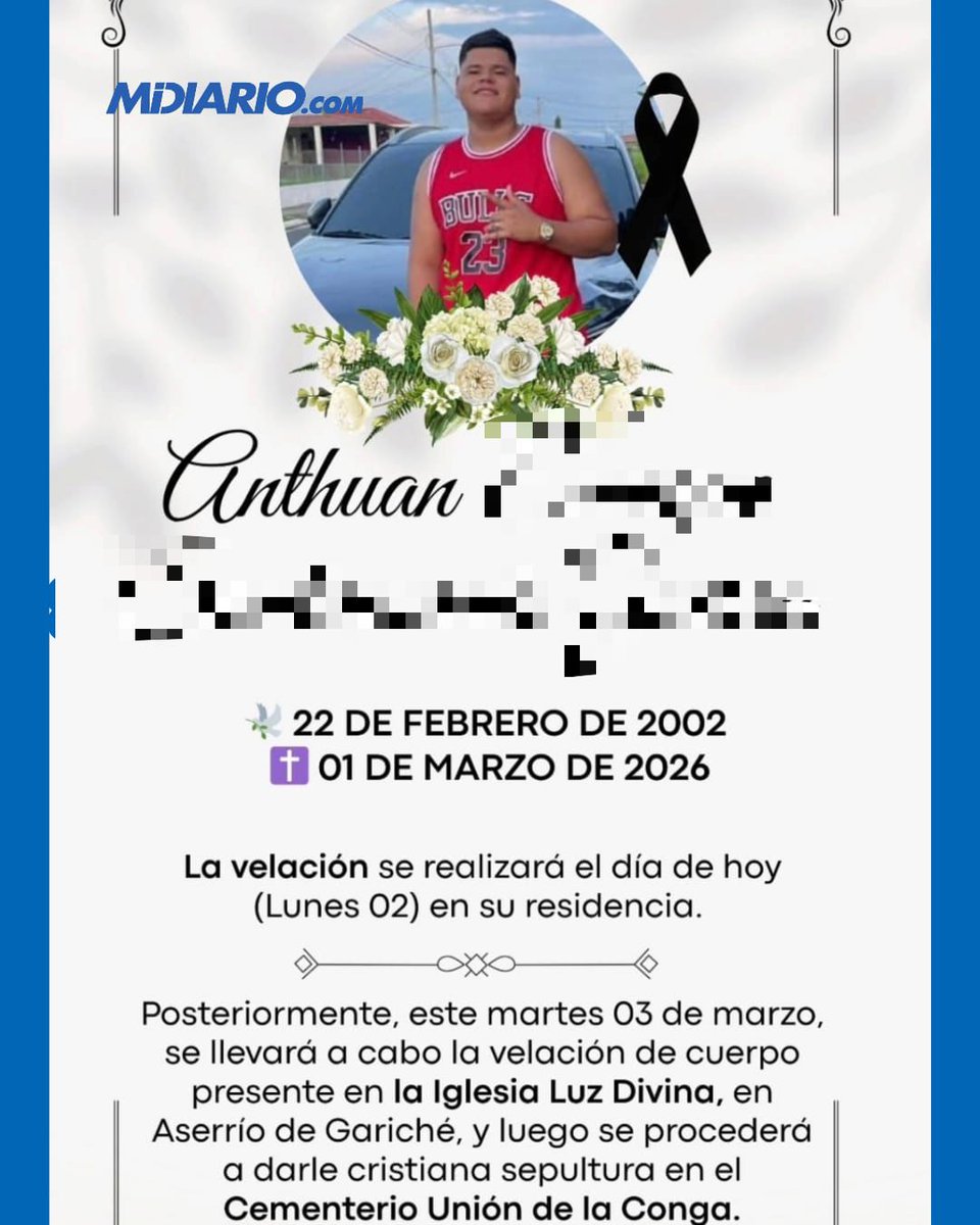 MiDiarioPanama's tweet photo. 🟡🔴Un acto de valentía cobró una vid4 en la provincia de Chiriquí. El joven Anthuan S., de 23 años, m8rió luego de intervenir para defender a su tía en medio de un episodio de viol3nci4 doméstica.

El hecho se registró en la comunidad de La Conga, corregimiento de Aserrío de Gariché, distrito de Bugaba.

De acuerdo con los informes oficiales, todo ocurrió dentro de una vivienda cuando se desató una discusión entre la ciudadana Blasy Palacio, de 28 años, y su pareja, un hombre de 38 años. La situación escaló a agr3sion3s físicas.

Al presenciar que su tía estaba siendo golp3ad4, Anthuan decidió intervenir para frenar al agr3sor. Sin embargo, el hombre reaccionó de forma viol4nt4: tomó un c7chillo y le propinó una h3rid4 en el tórax, lado izquierdo.

Lea la nota completa en el link del perfil @midiariopanama @mdiariopanama 

https://t.co/fQwPkttUsF