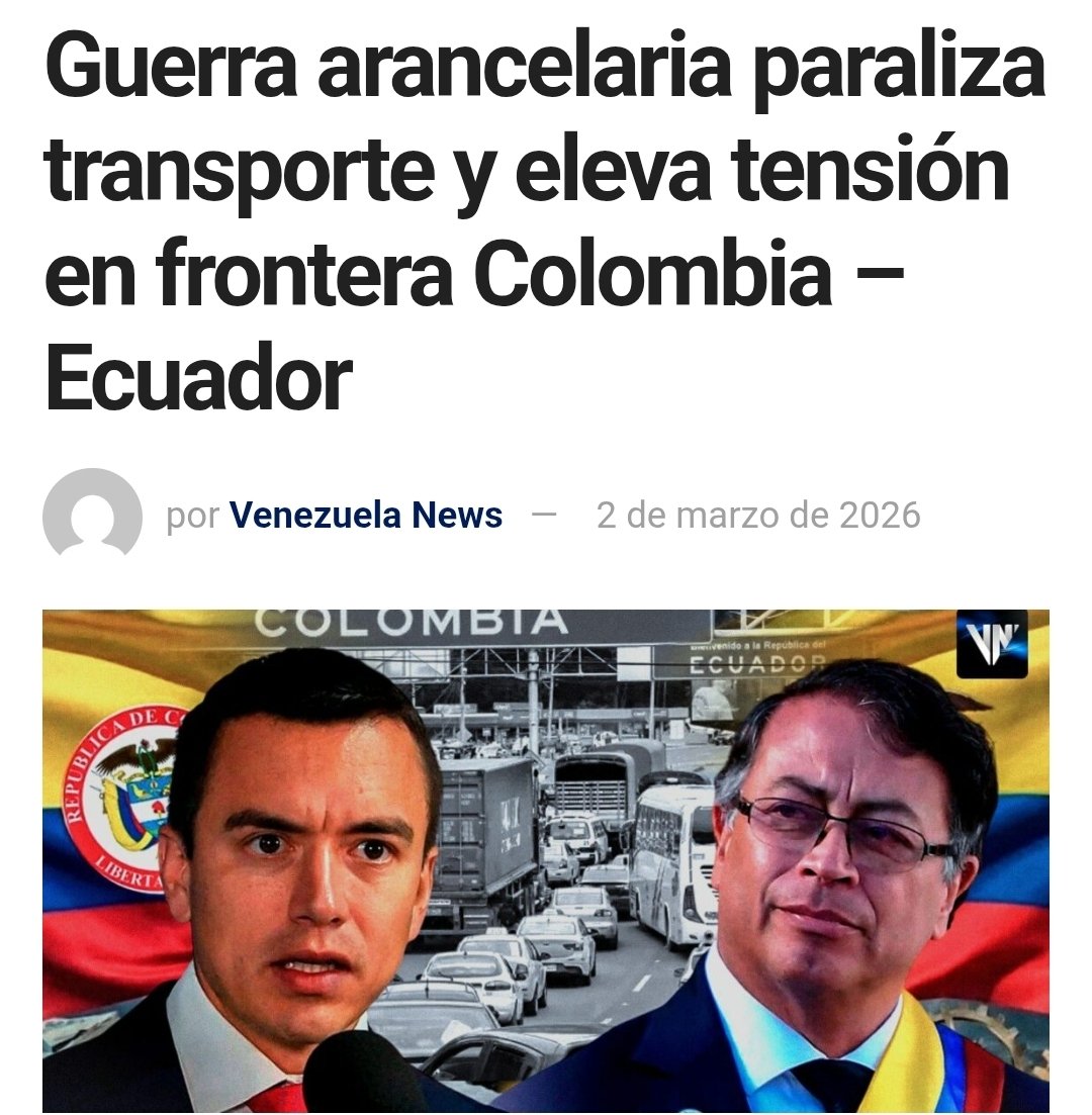 jctata's tweet photo. 🚛🇪🇨 Transportistas ecuatorianos salen a las calles por crisis comercial con Colombia
El sector del transporte pesado en Ecuador inició este lunes una jornada de movilizaciones para exigir el fin de las hostilidades comerciales entre los gobiernos de Daniel Noboa y Gustavo Petro.
La crisis arancelaria ha generado un clima de alta inestabilidad en la frontera binacional, impactando directamente el tránsito de mercancías y la economía regional.
📈 Escalada de impuestos y represalias
La tensión se desató tras la decisión de Quito de imponer aranceles del 30 % a productos colombianos, porcentaje que luego se elevó al 50 %. En respuesta, Bogotá activó medidas recíprocas bajo la política de “la misma moneda”, endureciendo las condiciones comerciales y afectando el flujo logístico entre ambos países.
El conflicto amenaza con profundizar el impacto económico en la región andina si no se abre un canal de diálogo inmediato.
#Ecuador #Colombia #DanielNoboa #GustavoPetro #TransportePesado #Aranceles #Frontera #CrisisComercial #Latinoamérica