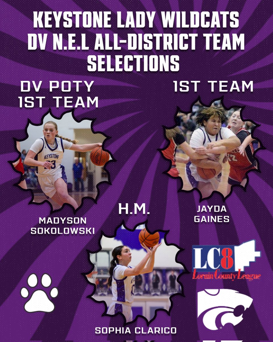 Congrats to all the N.E.L. All-District team selections.

Special Congrats to our Keystone Lady Wildcat selections.

DV Player of the Year
Mady Sokolowski 

1st Team
Mady Sokolowski 
Jayda Gainea

H.M.
Sophia Clarico 

Well deserved, ladies!

#ladywildcatsbasketball