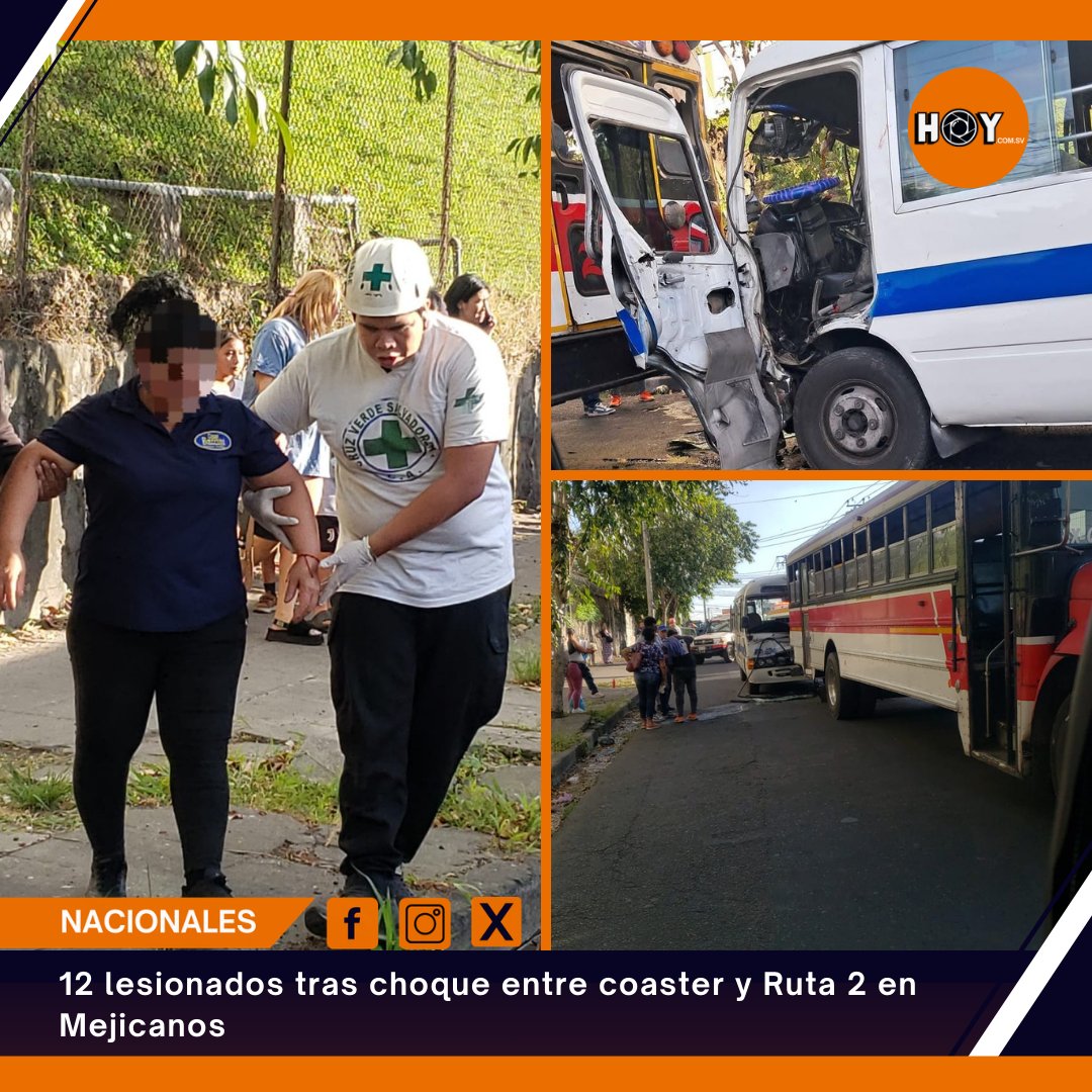 hoycomsv's tweet photo. #Mejicanos 🏥🚌 Un fuerte accidente de tránsito se registró sobre la Avenida Juan Aberle, en Mejicanos, cuando una coaster colisionó con la parte trasera de un autobús de la Ruta 2. 💥
⚠️ El percance dejó un total de 12 personas lesionadas.
#Accidente #Ruta2
📝KG https://t.co/pqxuvUKfDp