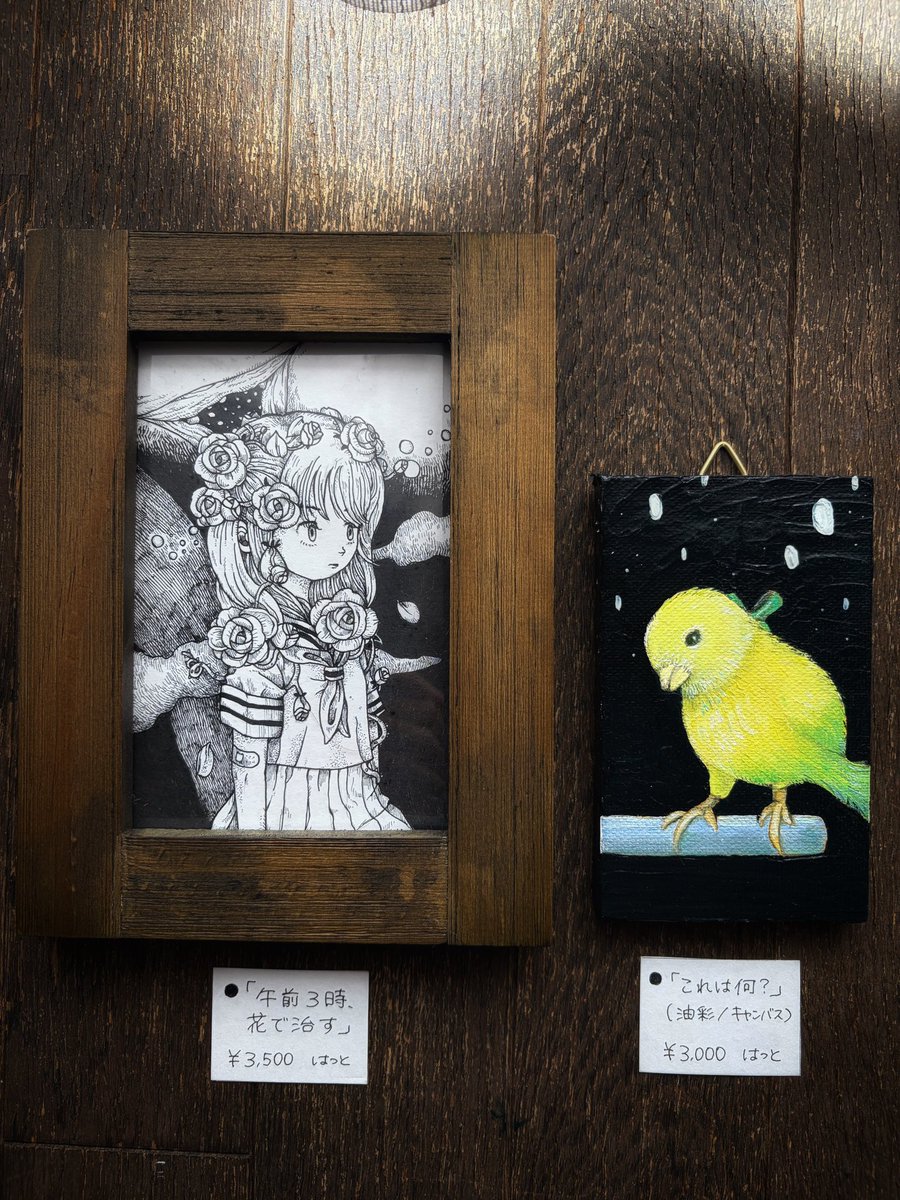 カラスノスさんで作品の展示&amp;通販はじまりました！
●「午前3時、花で治す」(ペン/ポストカードサイズ)
●「これは何？」(油彩/キャンバス木枠)
の2点です。

気になる方は是非お気軽に通販お問い合わせ下さいませ🥀