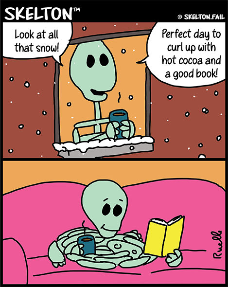Skeltonfail's tweet photo. Skelton – Let’s go Curling ➿
#Skelton #notfail #webcomic #comicstrip #skeleton #snow #snowday #curlup #couch #cocoa #book https://t.co/8Wp3EF6uUn