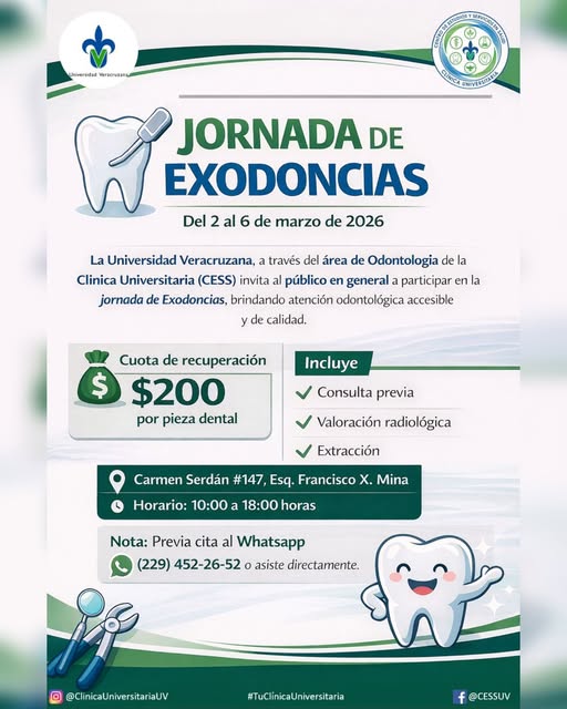 💚💙#EgresadoUV la CESS de la UV te invitan a su JORNADA DE EXODONCIAS 2026🦷
📅 2 al 6 de marzo de 2026
🕙 10:00 a 18:00 horas
📍 Carmen Serdán #147, Esq. Francisco X. Mina
💰 $200 por pieza dental
Incluye:
📲 Agenda por WhatsApp al (229) 452-26-52 o asiste directamente.😁✨