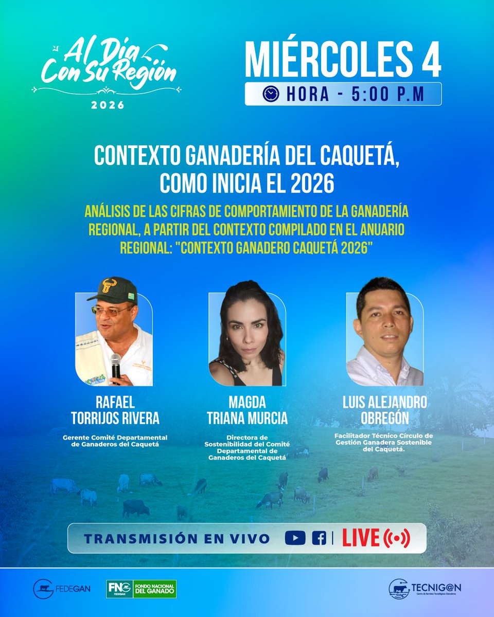📢 Al Día con su Región 🌞

Bienvenidos a una nueva entrega de "Al Día Con Su Región". En este video, realizamos un análisis profundo sobre cómo inicia el sector ganadero en el departamento del Caquetá para este 2026.

⏰ 5:00 p.m.

🔴 En vivo a través de nuestro canal de