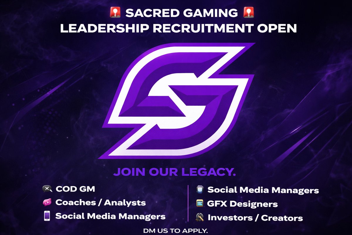 ItsSacredGaming's tweet photo. 🚨 Sacred Gaming Is Expanding – Leadership Recruitment Open 🚨

Sacred is entering its next phase. With championship history and multi-league experience, we’re strengthening our structure and building long-term leadership.

Open Roles:
🎮 COD GM – Oversee COD operations, rosters & league direction
🧠 Coaches / Analysts – System & player development
📱 Social Media Managers – Content & brand presence
🎨 GFX Designers – Match graphics & branding
🎥 Streamers / Creators – Represent Sacred competitively
💰 Investors / Partners – Scale long-term growth

We are structured. Competitive. Legacy-focused.

Serious inquiries only.
📩 DM Sacred Gaming to apply. Or Comment!

@ewgleague @VisionZLeague @XP_Leagues