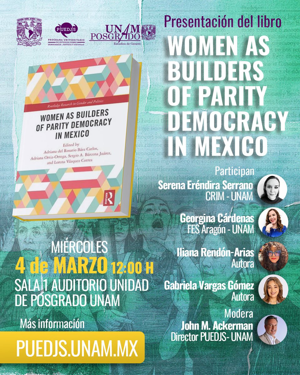 En México, las mujeres han sido pioneras en la construcción de leyes y mecanismos de paridad de género 💪💜

El #PUEDJS y el Programa de Posgrado en Estudios de Género te invitan a la presentación del libro “Women as Builders of Party Democracy in Mexico”🗳✍️

✅️ Participan: