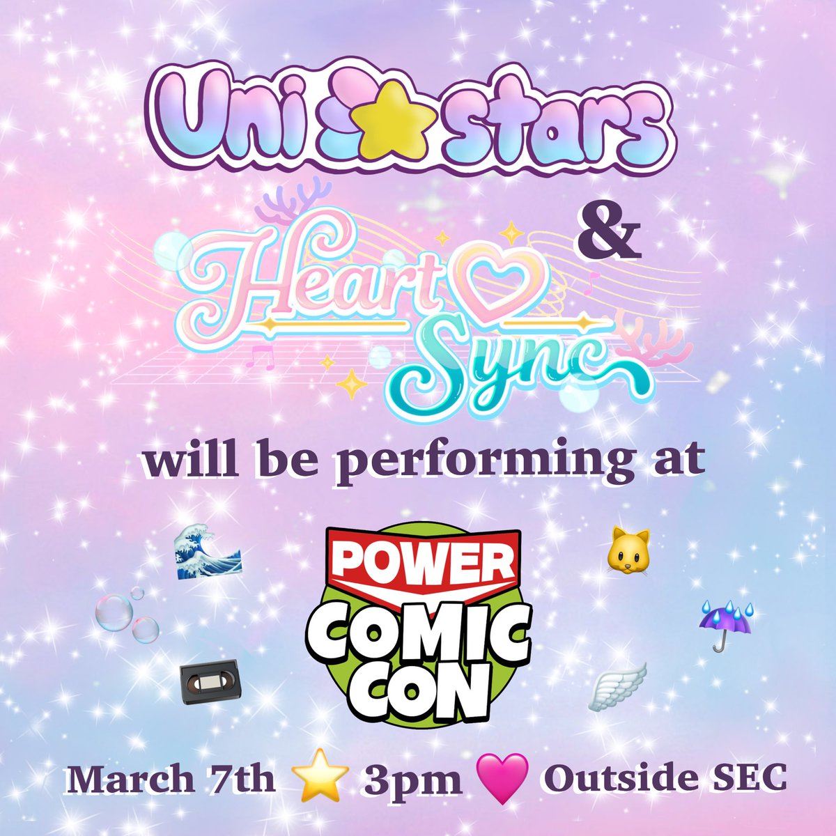 Let’s sync up a constellation! 💓🌟 

Uni☆Stars and Heart♡Sync will be performing a variety of J-pop, K-pop and original songs at 3pm outside the SEC (on the right as you exit the main entrance). 

Don’t miss this blend of shining hearts and sparkling stars! ✨