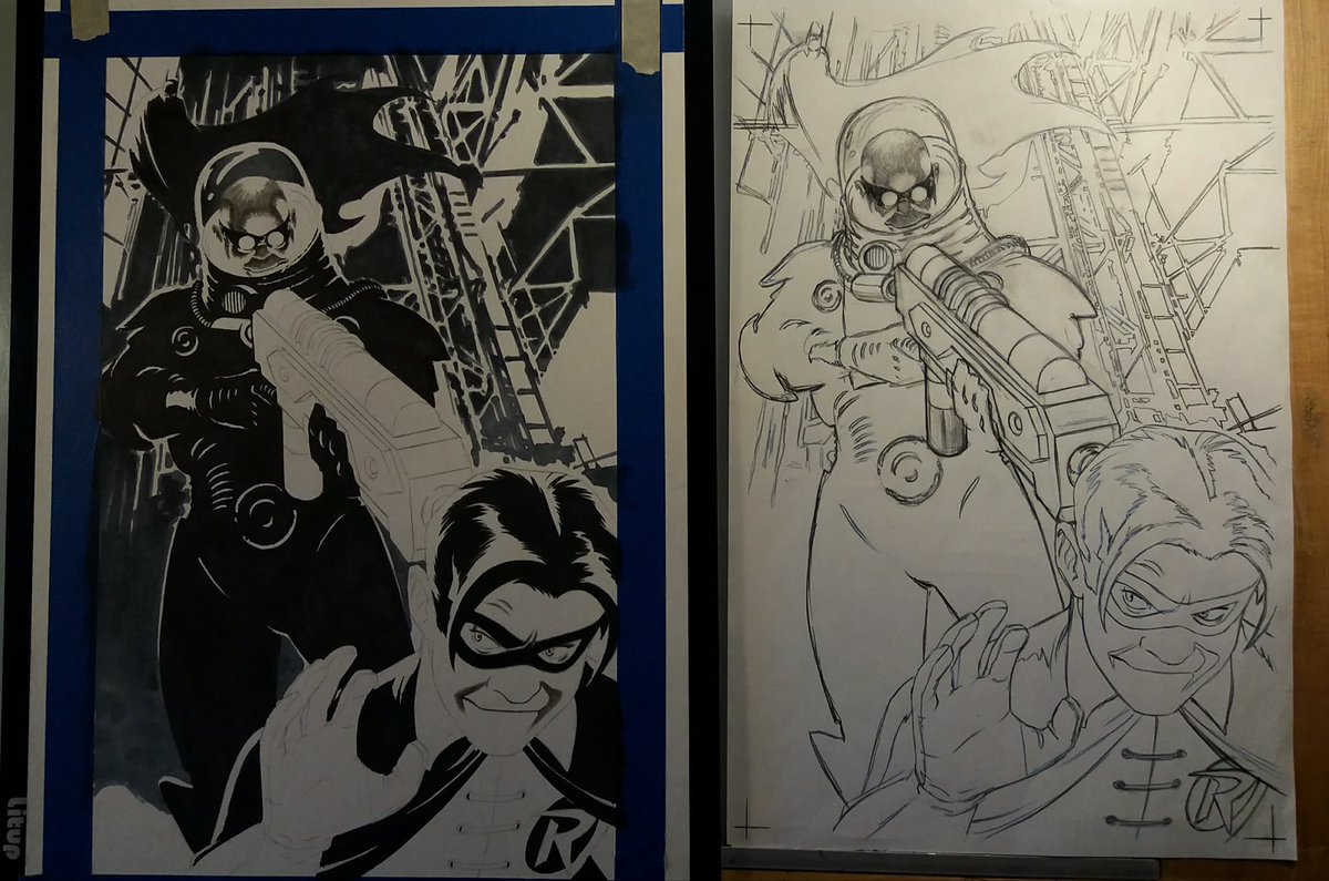 dwamsart's tweet image. #Freeze  #Robin I caught you cold bird boy.

#Batman  I think not.

Ink an gouache commission