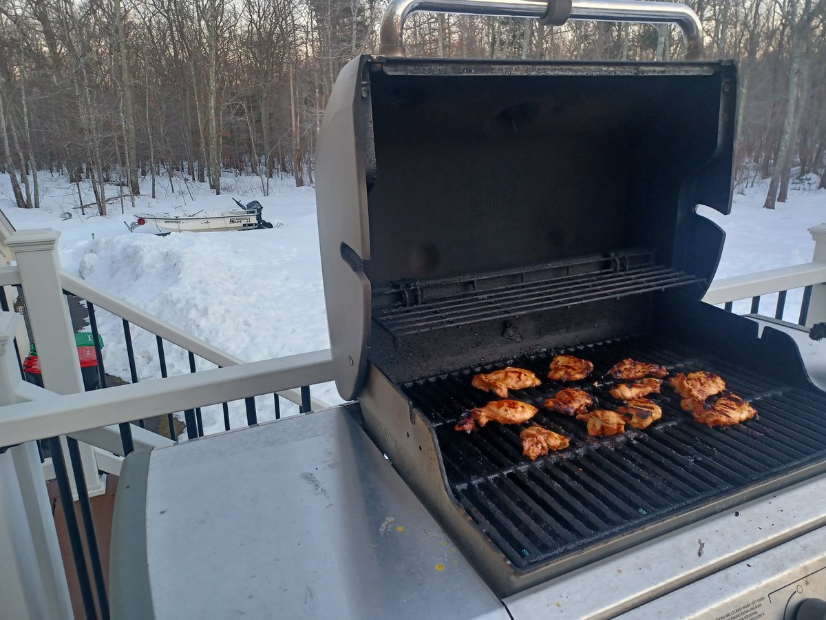 The deck is free of snow for the first time in weeks, and it's 27°F, so obviously, it's grilling weather.