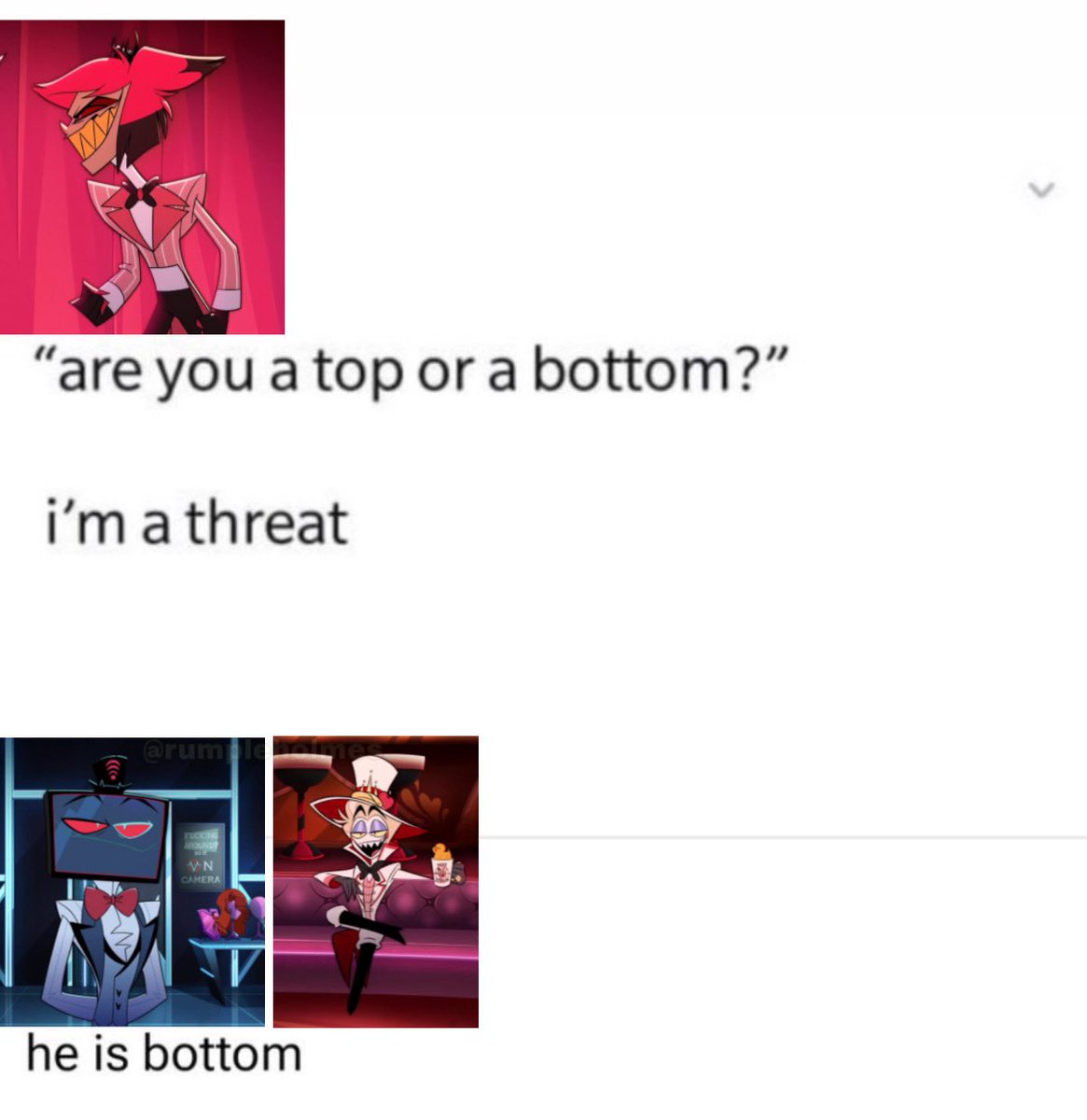 ￼He’s also a threat tho

#HazbinHotel #Alastor #Vox #Lucifer