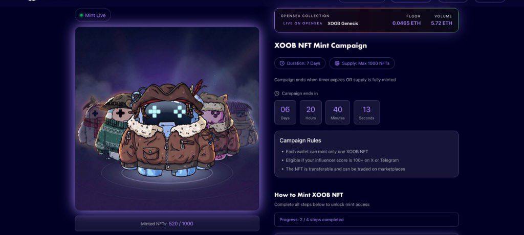 0xDominic_X's tweet photo. free mint‼️
 
don't even think of procrastinating this, spots are being filled up

eligibility is simple: influencer score above 100+ on X or Telegram

current stats: 
- FP: 0.041 ETH
– max supply: 1000
– minted: 850/1000

visit: https://t.co/dH0VZOaEfR
– connect wallet + X or TG
– make a post
– verify
– then mint @XOOBNetwork NFT

seen a couple of mutuals post about it already.

worth trying.