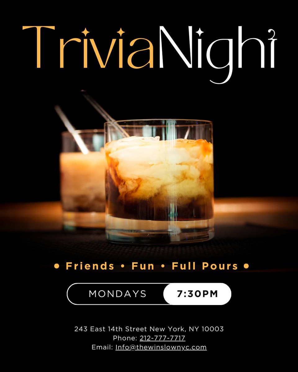 Trivia Night at The Winslow is calling your name. Grab your smartest friends (or at least your most confident ones), order a proper cocktail, and settle in for a night of laughs, friendly competition, and maybe some bragging rights.
See you tonight. 🍸✨ thewinslownyc.com/trivia-night-t…