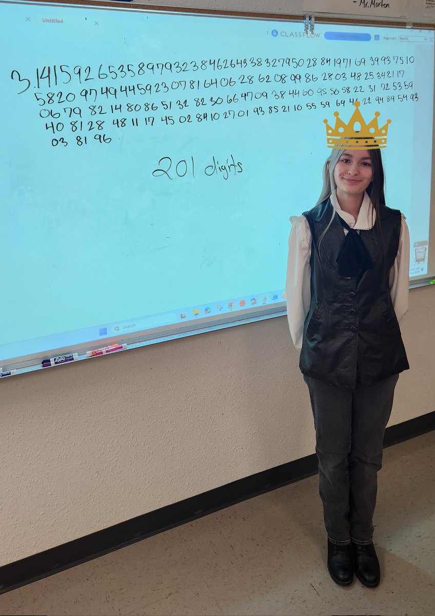 Morton_EHS's tweet photo. The 11th annual Pi-Day competition kicks off with a new champion.  Sophia dethrones Daniel by reciting 201 digits from memory.  She will be awarded her prize this Thursday.  #Piday https://t.co/otTUHWGsG0