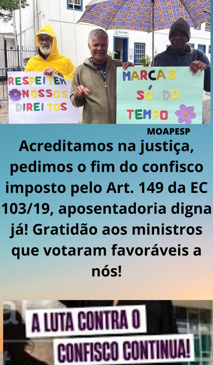 <a href="/FafaR544900/">Fatima Regina</a> <a href="/Dry_ie/">Drica 🚩🚩</a> <a href="/Mairaavelino64/">🚩🚩Maira 🚩🚩</a> <a href="/prudentemarlene/">Marlene Moreira</a> <a href="/celo_armstrong/">Marcelo Armstrong da Silva</a> <a href="/STF_oficial/">STF</a> <a href="/gilmarmendes/">Gilmar Mendes</a> Não queremos desanimar ou desesperar, pois o que é justo tem de prevalecer! Agora só torcemos a pauta da inconstitucionalidade, Ministros. 
<a href="/gilmarmendes/">Gilmar Mendes</a> 
<a href="/STF_oficial/">STF</a>
@Cristianozanin
<a href="/FlavioDino/">Flávio Dino 🇧🇷</a>
<a href="/ICLNoticias/">ICL Notícias</a> Fora Confisco
#AposentadoriaJusta
Fachin Paute ADI 6254 Importante