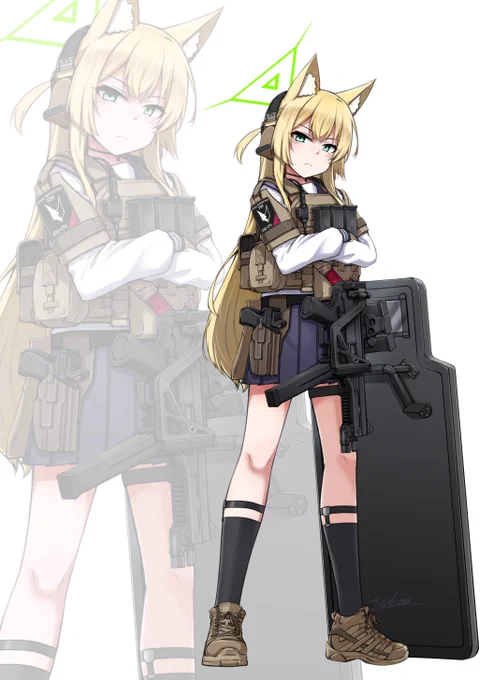 FOX小隊のクルミちゃんの絵です! UMP45はカッコいいのですが、どうしても弾倉の大きさが、女の子の身長体格と合わせるには大振りなので、どうやって弾倉を携行させるかは結構色々と悩みました… 実際問題として、クルミちゃんにはUMP以外も似合うと思うのですよね…