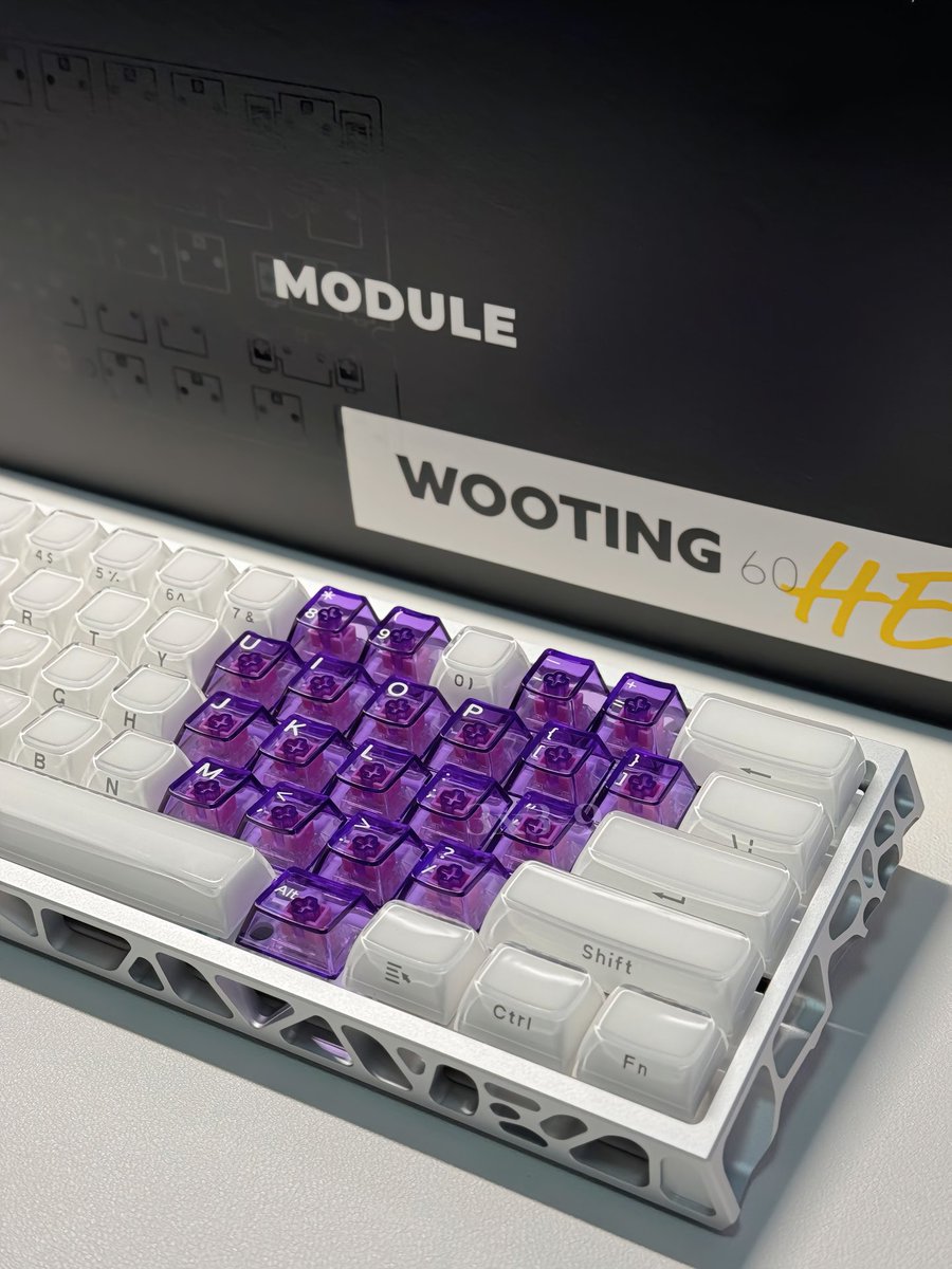 setuprio's tweet image. Crystal &amp;amp; Creamy. ☁️💜

​• Wooting 60HE+ Module
• SoraV2 Case
• XVX Jelly R2 Creamy White ➕ Clear crystal purple Keycaps

​Peak performance. ⚡️
#xvx #keyboard #desksetup #wooting #keycaps