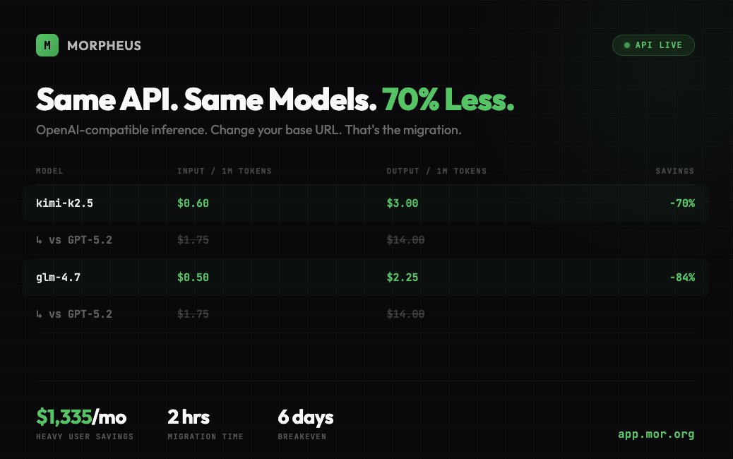 The Morpheus Inference API is live.

Same API as OpenAI. 70% cheaper. No content filters. No vendor lock-in.

Change your base URL. Your code works. Heavy users save >$1,335/month.

AI that no one controls.
