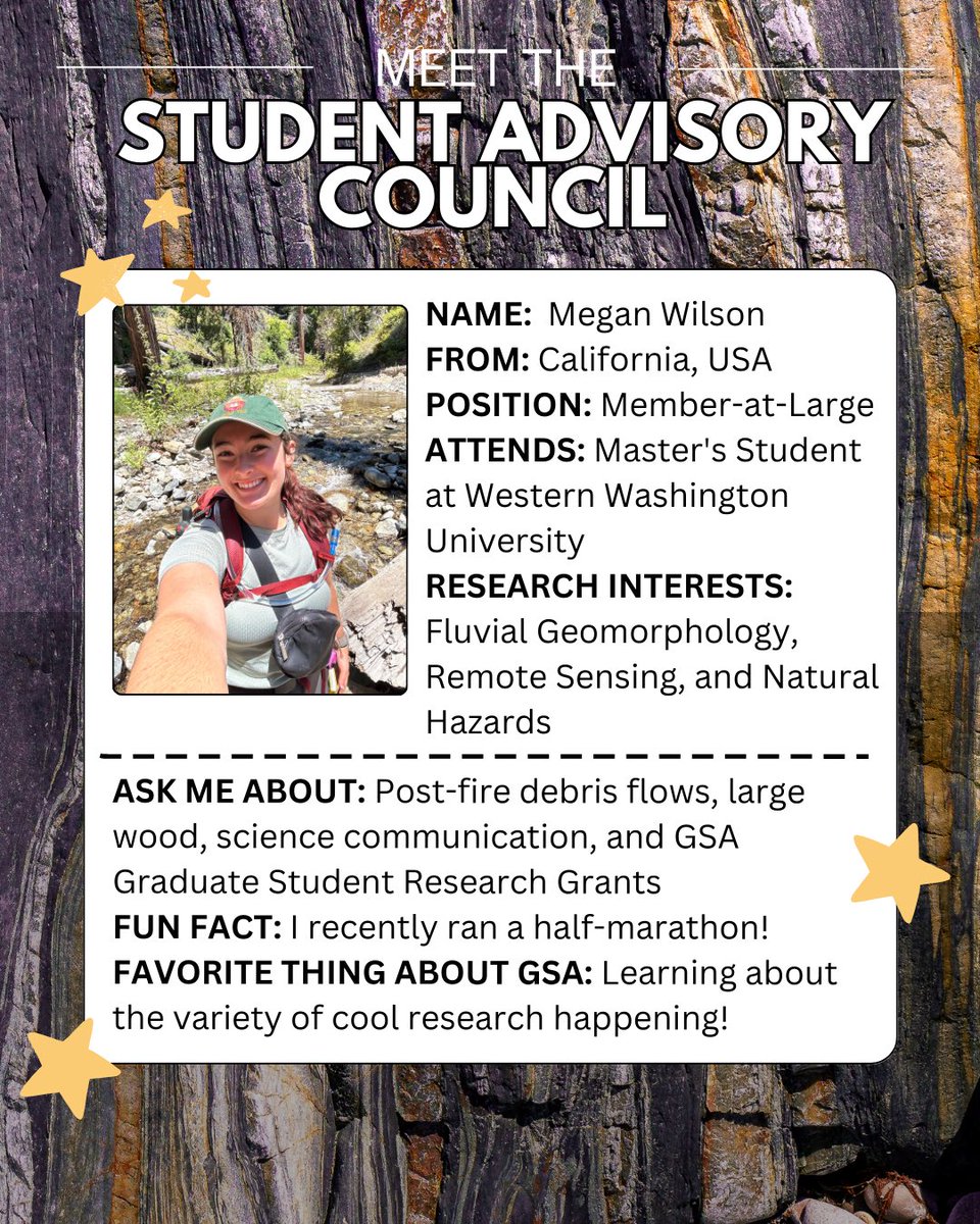 GSA_SAC's tweet photo. Meet Megan Wilson!

Member-at-Large of the @GSA_SAC and a Master’s student at Western Washington University. Megan’s research uses remote sensing to assess the effects of large wood on in-channel sediment storage following post-fire debris flow events in the Western US. https://t.co/ACRU5bLCqS