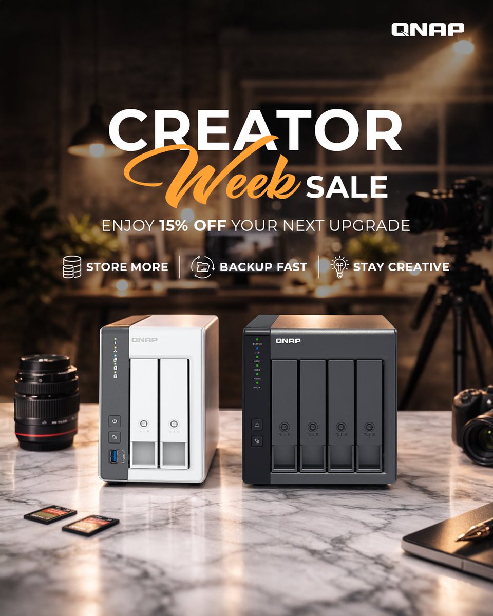 QNAP_nas's tweet photo. Creators, this one’s for you. 📸
Creator Week Sale is LIVE.
Enjoy up to 15% OFF your next upgrade + Free Shipping
Sale ends 03.08.2026
*Select models only. Drives not included.
🛍️: https://t.co/C3oqExH6Hc
#CreateMore #StoreMore https://t.co/T0gDkOfkXS