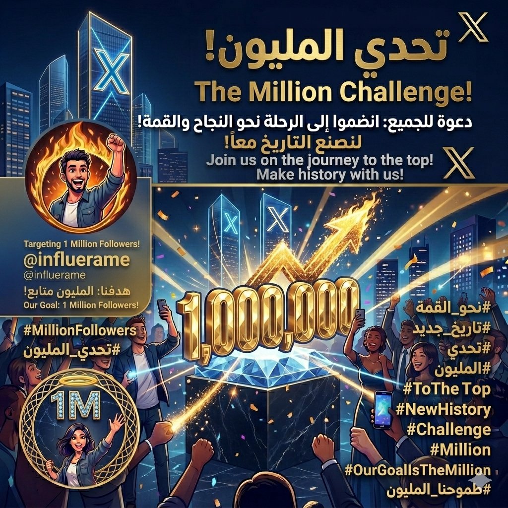 طموحنا ليس له حدود! هدفنا الوصول إلى مليون متابع لنصنع مجتمعاً ملهماً. انضم إلينا وكن جزءاً من هذه الرحلة التاريخية! 🚀

​Our ambition knows no limits! Goal: 1 Million Followers to build an inspiring community. Join us and be part of this historic journey! ✨
​#تحدي_المليون