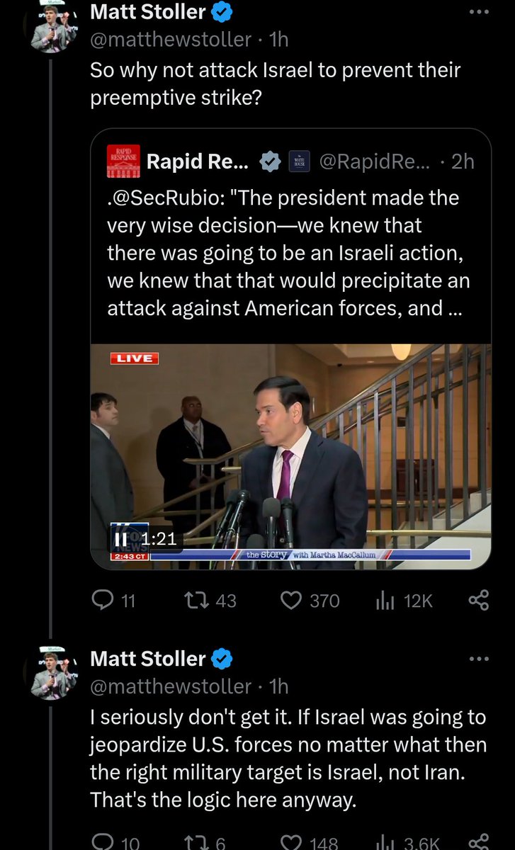 Good grief, the Israel Derangement Syndrome with these people is absolutely wild.

They just hate Israel, that's their guiding light.

Ignore the facts that the Iranian regime hates us, that Trump has long wanted that regime toppled, &amp; that Israel is a good ally to us.