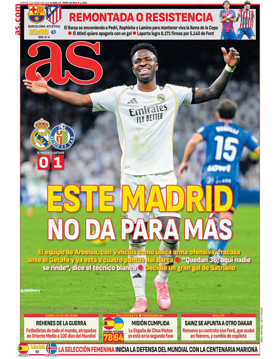 diarioas's tweet photo. 📰 ¡Ya está aquí la #PortadAS del martes, 3 de marzo!

😡 ESTE MADRID NO DA PARA MÁS https://t.co/fX5j7fqtgw