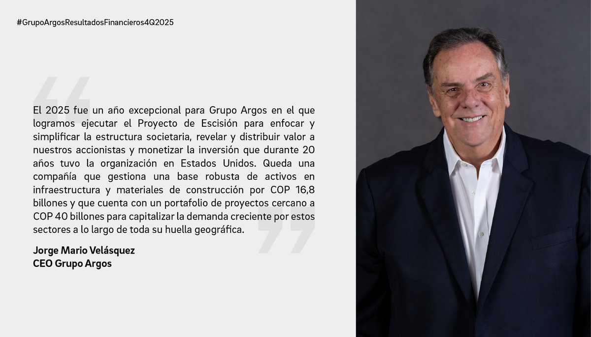 Grupo_Argos's tweet photo. Grupo Argos consolidó utilidades por cerca de COP 12,0 billones durante los últimos dos años: en 2024 COP 7,6 billones y en 2025 COP 4,3 billones. Durante 2025 la compañía materializó la escisión y simplificó su estructura societaria, desinvirtió la participación @Cementos_Argos en Estados Unidos y logró distribuciones históricas de valor para sus accionistas. 

Conoce los resultados aquí: https://t.co/kDxDXUrBLB