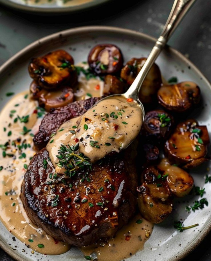 summer_food's tweet photo. Elegant Beef Diane in a Rich Cognac Sauce

Ingredients:

4 beef tenderloin steaks (about 6 ounces each)
Salt and freshly ground black pepper, to taste
2 tablespoons unsalted butter
1 shallot, finely chopped
1 clove garlic, minced
1/4 cup cognac or brandy
1 cup beef broth
2 teaspoons Dijon mustard
1/4 cup heavy cream
1 teaspoon Worcestershire sauce
2 tablespoons chopped fresh parsley
1 tablespoon chopped fresh chives

Directions:

Season the steaks with salt and pepper.
In a large skillet, melt butter over medium-high heat. Add the steaks and sear until golden brown, about 3-4 minutes per side for medium-rare. Remove the steaks from the skillet and set aside.
In the same skillet, add the shallot and garlic, and sauté until softened, about 2 minutes.
Carefully pour in the cognac to deglaze the pan, scraping up any browned bits from the bottom. Allow the cognac to reduce by half.
Stir in the beef broth, Dijon mustard, and Worcestershire sauce. Bring to a simmer and cook until the sauce is slightly reduced, about 3 minutes.
Stir in the heavy cream and return the steaks to the skillet. Cook for another 2-3 minutes, or until the steaks are heated through and the sauce has thickened.
Garnish with chopped parsley and chives before serving.
