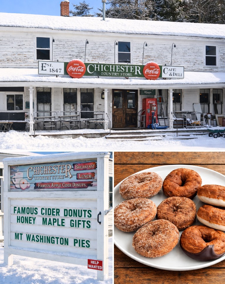 The Chichester Country Store and its world famous apple cider donuts have been a part of small town New Hampshire life since 1847. From the outside, it looks just like an old country store should, with a vintage sign out front and a Coca-Cola vending machine sitting on the porch.