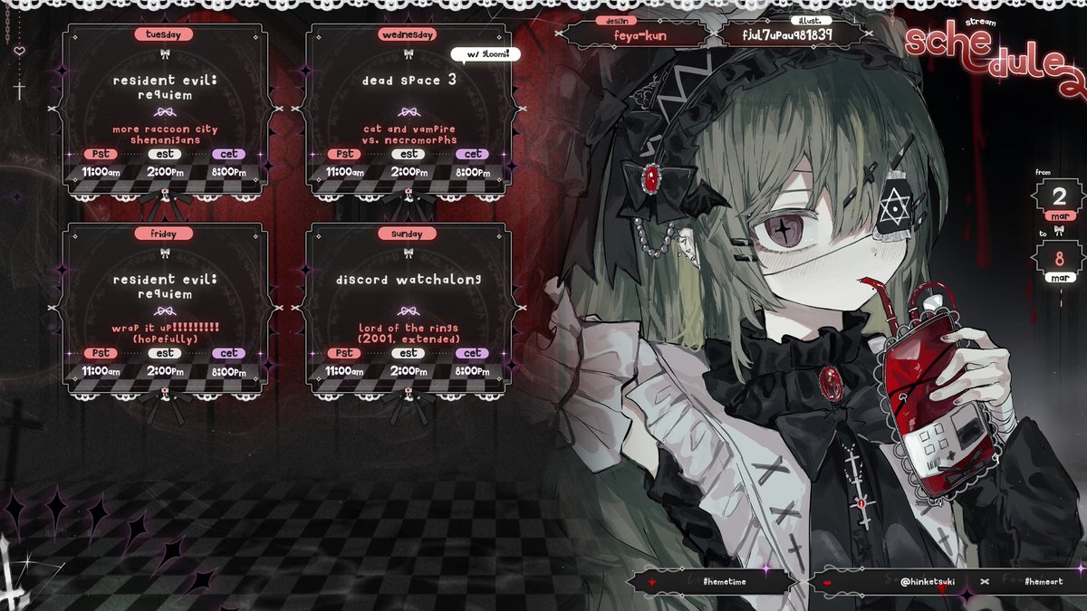 Hinketsuki's tweet photo. ꒷꒦⛧˖° March 2 - March 8 ⋆｡𖦹꒷꒦ 🩸

🗓️ #heMeTime
Continuing Resident Evil 9 this week 🧟 If we finish on Tuesday, I'll likely stream Darkwood on Friday.
On Wednesday I'll be playing Dead Space 3 with @gloomi_x 
Don't forget our Lord of the Rings watchalong this Sunday 🧙‍♂️ https://t.co/JWl1yDhw5r