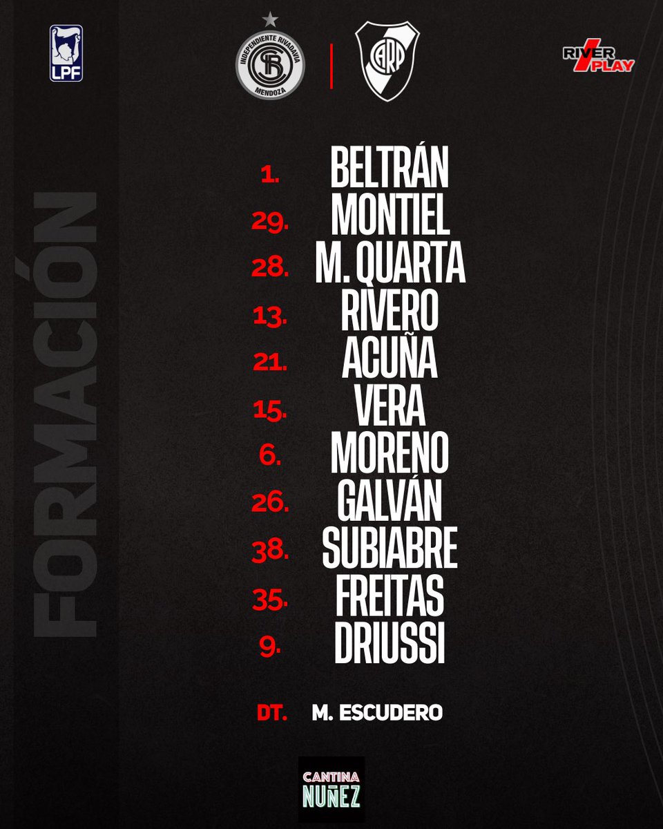 #River | ✅📋 11 confirmado para visitar a Independiente Rivadavia:

👉🏻 Beltrán; Montiel, M. Quarta, Rivero, Acuña; Vera, Moreno, Galván; Subiabre, Driussi y Freitas.