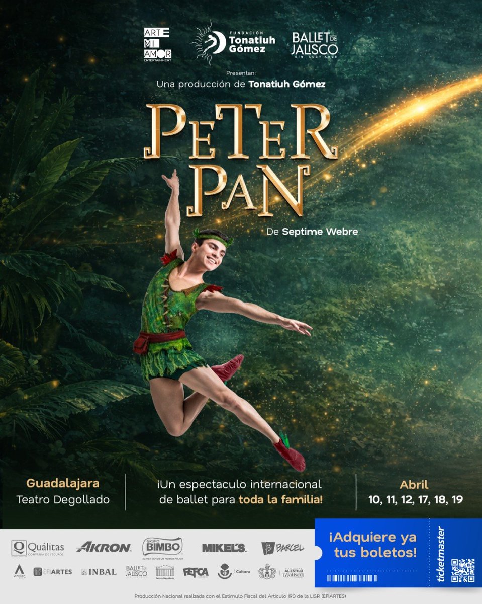 ¡Nos emociona mucho compartirles que tendremos un estreno muy especial con el Ballet de Jalisco ! ✨🤩
Convertiremos al Teatro Degollado en Nunca Jamás, 
🗓10, 11, 12, 17, 18 y 19 de abril
🎟 Boletos ya disponibles en @boletomovilmx
¿Nos acompañas?