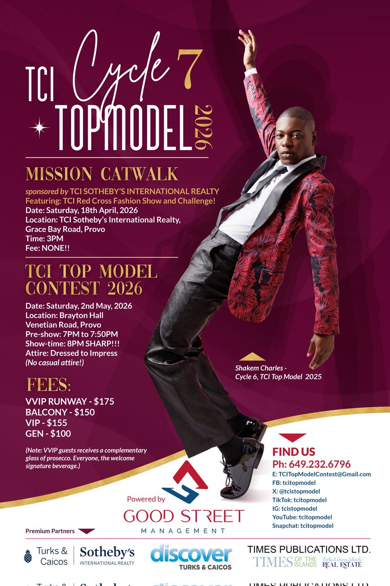 TCISTOPMODEL's tweet photo. Cycle 7, TCI Top Model 2026: The Extravaganza Is HERE!

TCI's premier fashion event returns bigger and bolder. Cycle 7 is just weeks away, culminating in a spectacular Grand Finale on Sat, May 2nd, 2026. Expect high fashion, fierce competition, and unforgettable entertainment. https://t.co/Qc2eKZrzbX