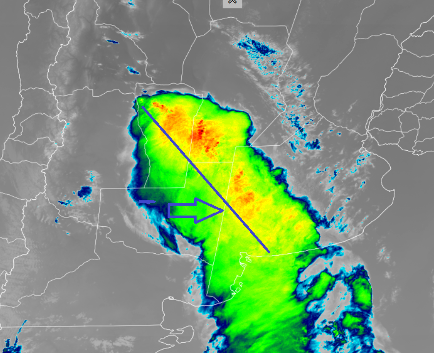 dimarcorafael's tweet photo. Al día de hoy, 2 de marzo de 2026, un sistema de tormentas masivo se extiende efectivamente por el centro del país, afectando desde San Luis hasta Buenos Aires y alrededores con una longitud apro a los de 900 km. https://t.co/PEeZzYtnkw