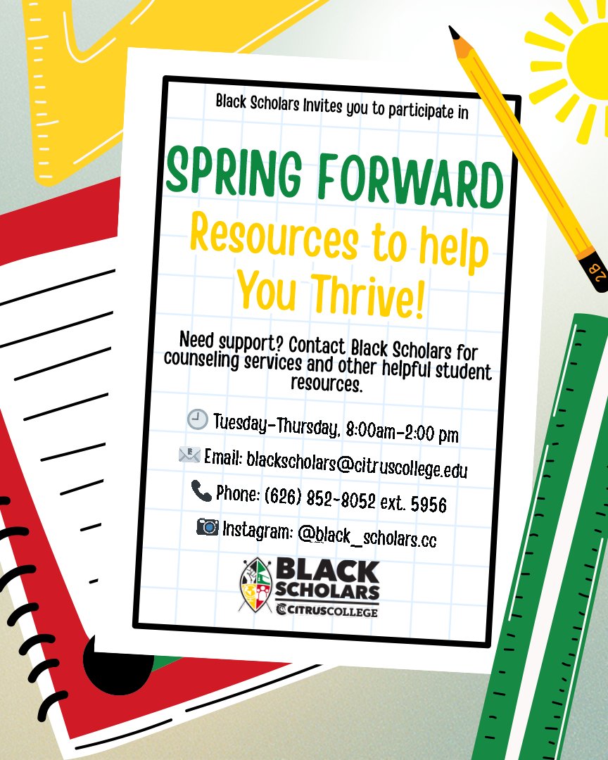 CitrusCollege's tweet image. DYK? The Citrus College Black Scholars program can help you #SpringForward by providing counseling &amp;amp; other student resources to help you thrive!

For support, email at blackscholars@citruscollege.edu &amp;amp; follow their Instagram page at instagram.com/black_scholars…