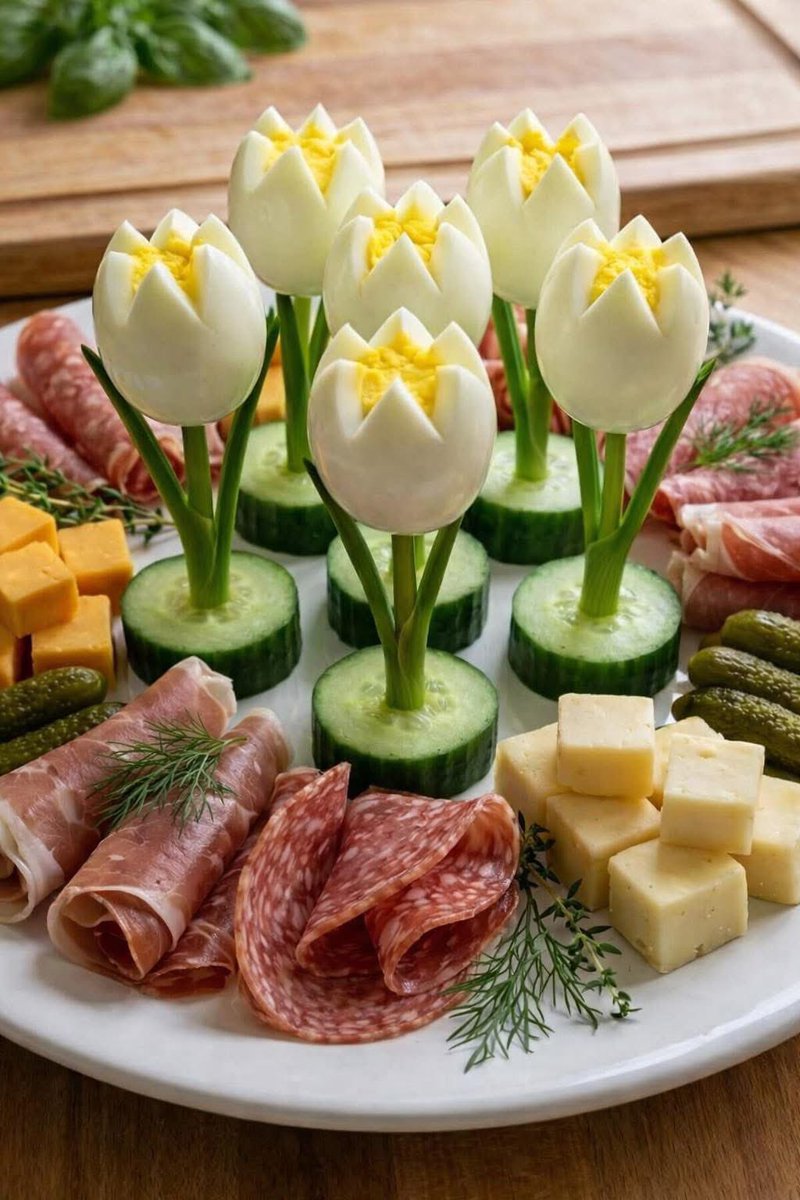 Arkypatriot's tweet image. Easter coming soon for those will be cool and very talented in food arrangements. Check this out.

Deviled Egg Tulip Charcuterie Platter 

Ingredients:
• 6 hard-boiled eggs
• 3 tbsp mayonnaise
• 1 tsp mustard
• Salt and black pepper to taste
• 1 cucumber, sliced thick 

This