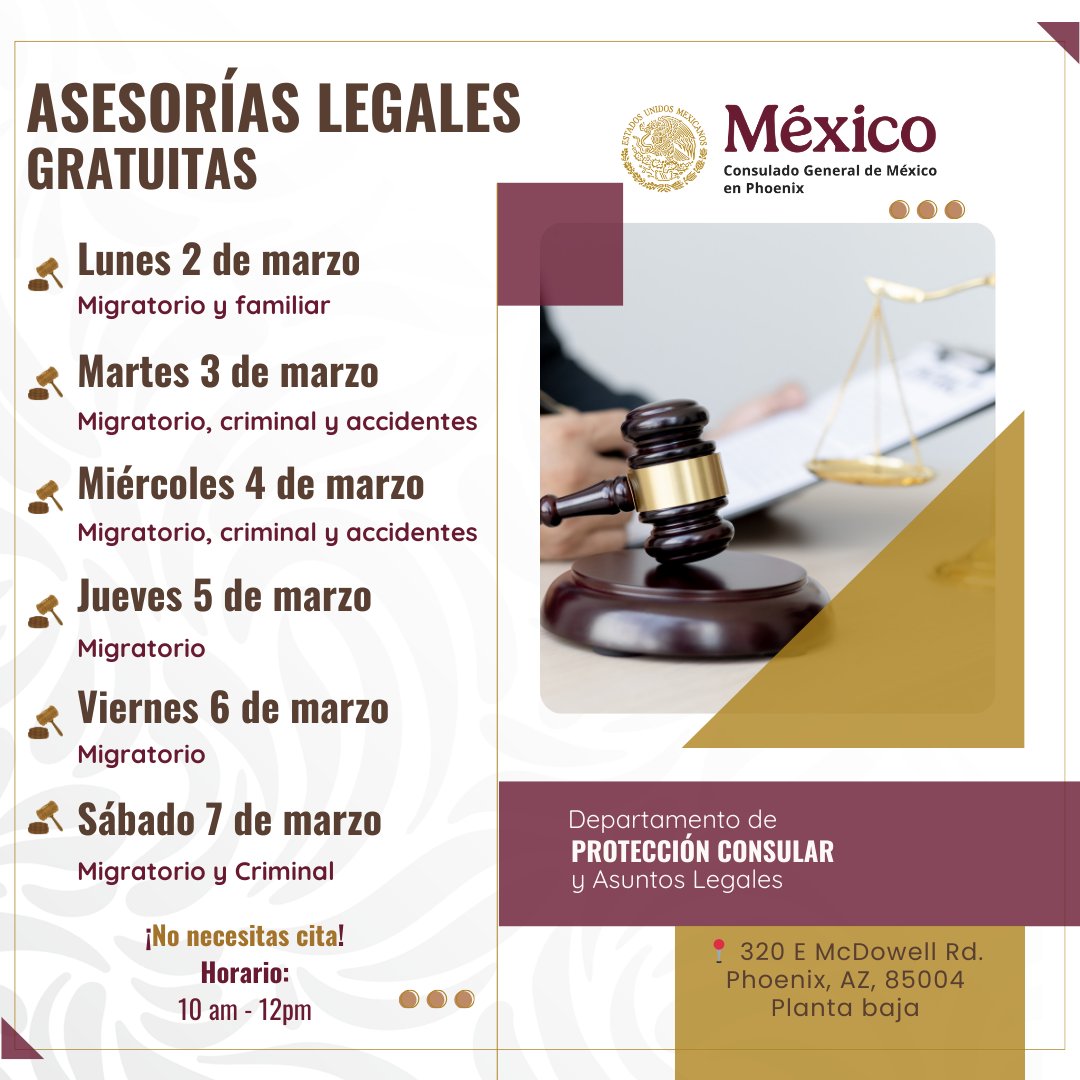 ConsulMexPho's tweet image. Calendario Mensual y Semanal de Abogadas y Abogados gratuitos:

✅ No se requiere cita
🕙10:00 a.m. – 12:00 p.m.
📍Consulado General de México en Phoenix
320 E. McDowell Rd, Phoenix, Arizona, 85004.

#PALE #Asesoríalegal #gratis #migratorio