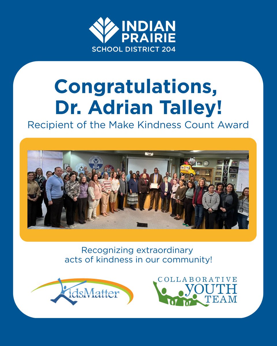 ipsd204's tweet photo. Congratulations to Superintendent Dr. Adrian Talley on receiving the Make Kindness Count Award from @KidsMatter2U and the Collaborative Youth Team!

Thank you for your leadership, compassion, and commitment to our students, staff, and community!💙

#KindnessCounts2Us #WeAre204 @ATalley204