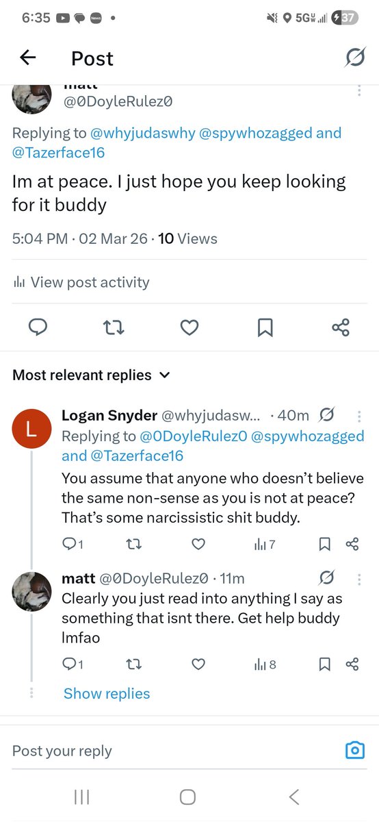 0DoyleRulez0's tweet photo. @whyjudaswhy @spywhozagged @Tazerface16 "I hope YOU keep looking for peace" lmfao not every person who doesnt believe in christ cant find peace. Some are fine with being separated from God and clearly you are conflicted enough to keep arguing against a creator. Like I said... get help https://t.co/6IuQfMNeoz