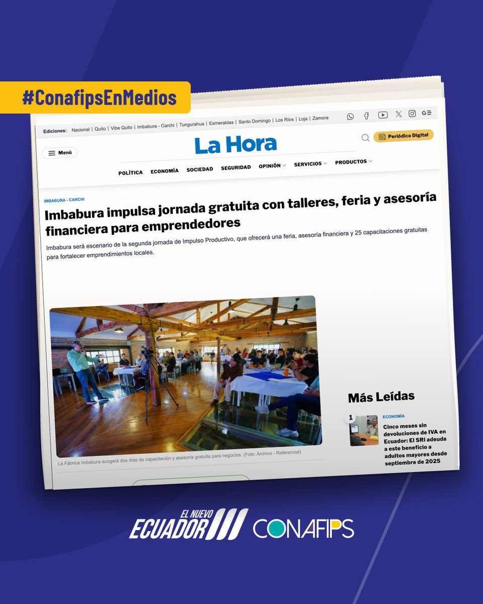 CONAFIPS's tweet photo. #CONAFIPSenMedios | ¡Imbabura se activa con Impulso Productivo 2026!
Este 5 y 6 de marzo, la Fábrica Imbabura será el punto de encuentro para emprendedores, asociaciones y actores de la economía popular y solidaria.
Más detalles en la nota de La Hora 📰: https://t.co/Lx5ELEjTE9 https://t.co/8dukEqIgk2