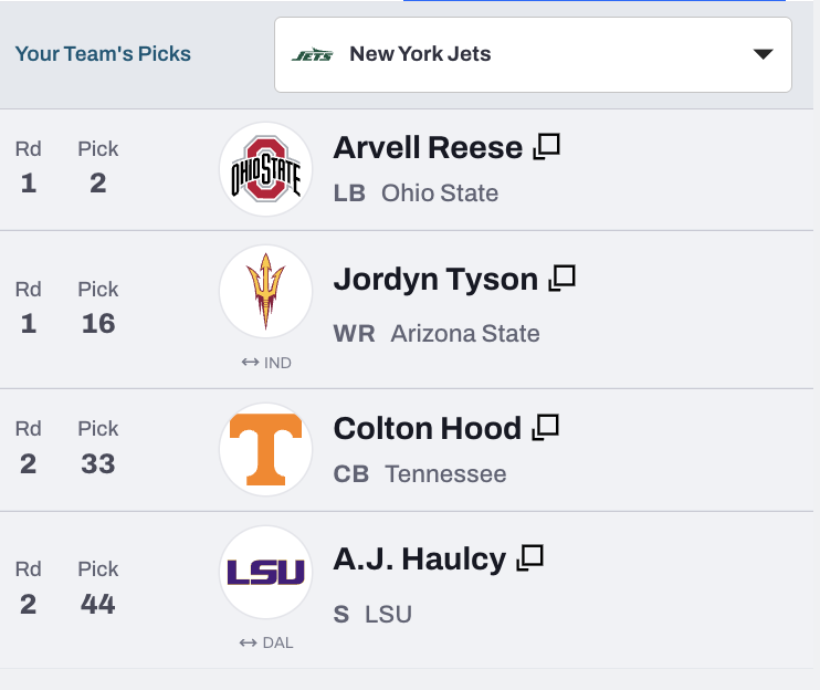 RobbyTakeFlight's tweet photo. From my mock for the Jets. I personally would love Styles at pick #2 but I think Reese is ultimately going to be the pick. Tyson at 16 would be a godsend I don't care about the medicals hes a top 10 player when healthy. Hood and Haulcy provide help in the secondary. #Jets #RTF ✈️ https://t.co/r0loy1ezGa