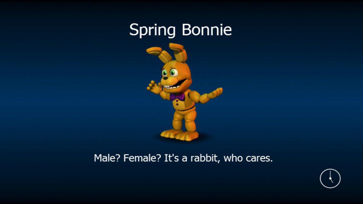Se alguém perguntar, se fnaf tem representatividade!

Lembre-se sempre, que o SpringBonnie é Confirmadamente NÃO-BINÁRIO 😉