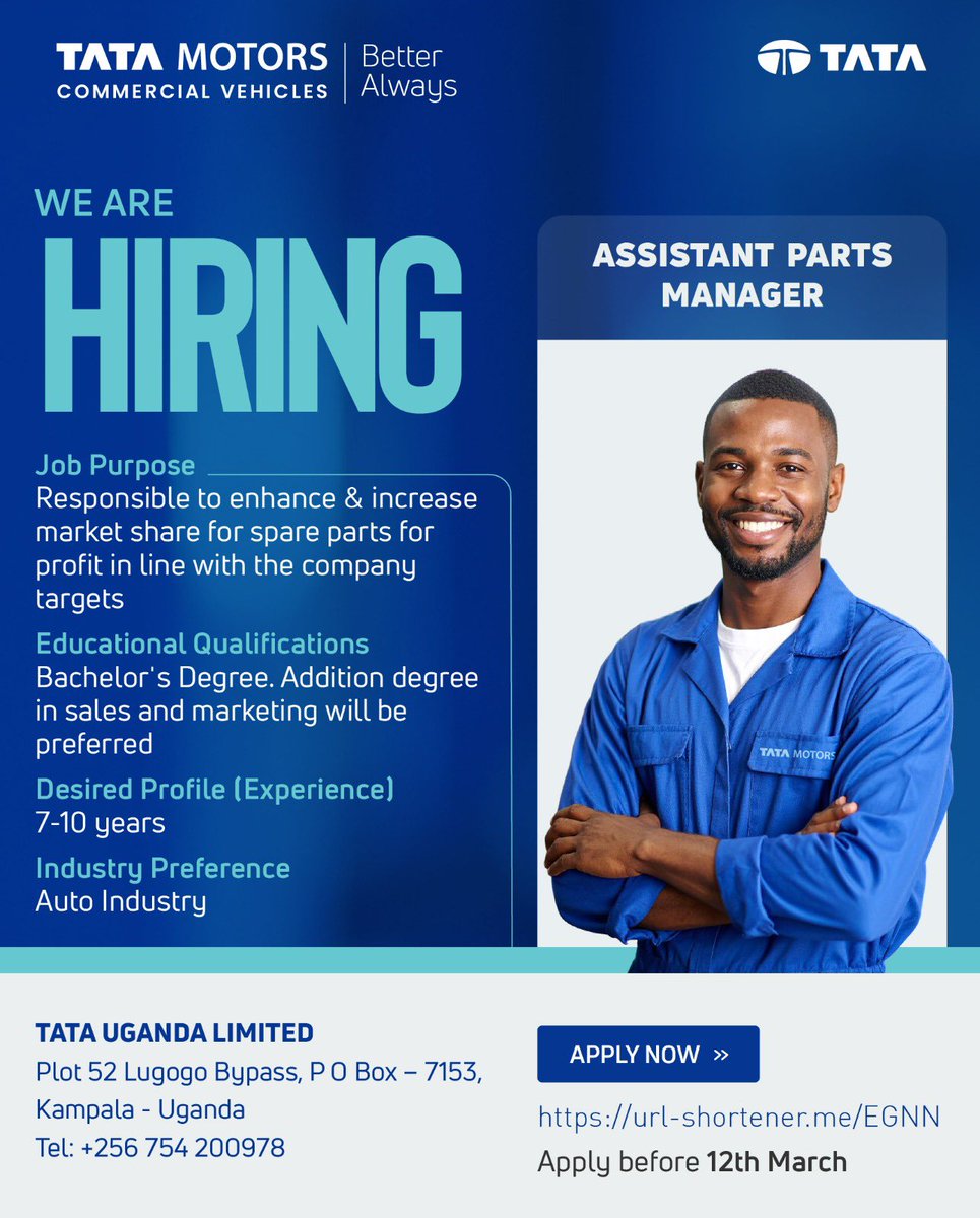 jobsinugandanow's tweet image. 📢 Now Hiring: Assistant Parts Manager
Tata Uganda Limited is seeking a qualified and experienced Assistant Parts Manager to join our team.

🖥️ Applications are strictly online:
👉 url-shortener.me/EGNN
⏰ Deadline: Apply before 12th March

#JointheTeam