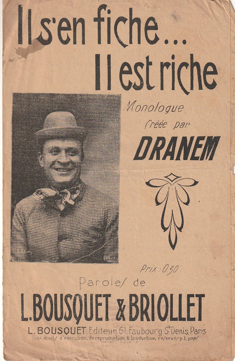 DebbioC's tweet photo. Il s'en fiche... il est riche, chanson par Dranem, il y a un siècle. https://t.co/lijAJ52CYv