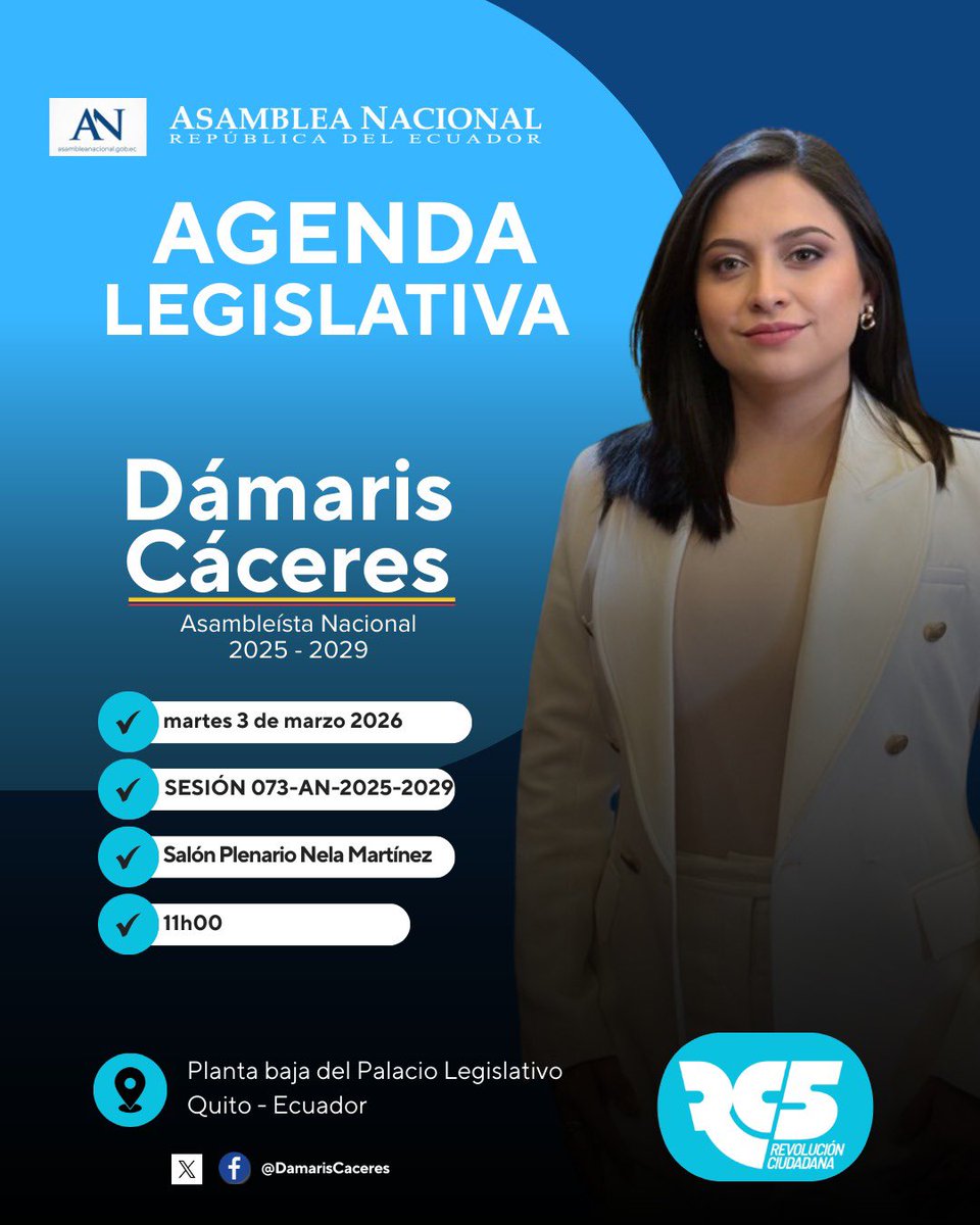 AGENDA LEGISLATIVA
📅 martes 3 de marzo 2026 
🕖 Hora: 11H00
✅ Pleno de la Asamblea Nacional 
🗣️ SESIÓN No. 073-AN-2025-2029
Tema: Resolver Informe del Comité de Ética 
#DámarisCáceres#
#Asambleísta2025-2029