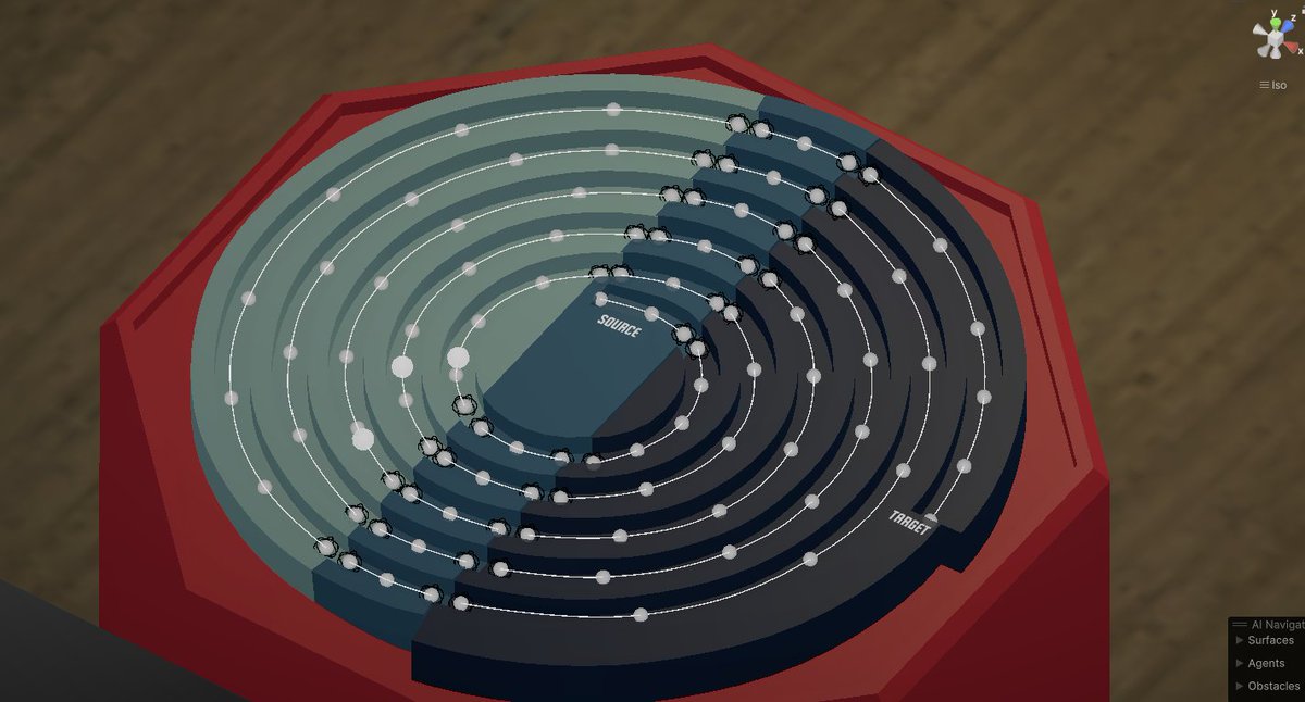 jdakotapowell's tweet image. Created a mech model re how a cyclotron works in #unity3d - two sides (Ds) of the spiral rock back &amp;amp; forth representing an oscillating electric field. The particles (big white balls) winding around the model accelerate. Had to use splines for consistent results. #xr #vr #physics
