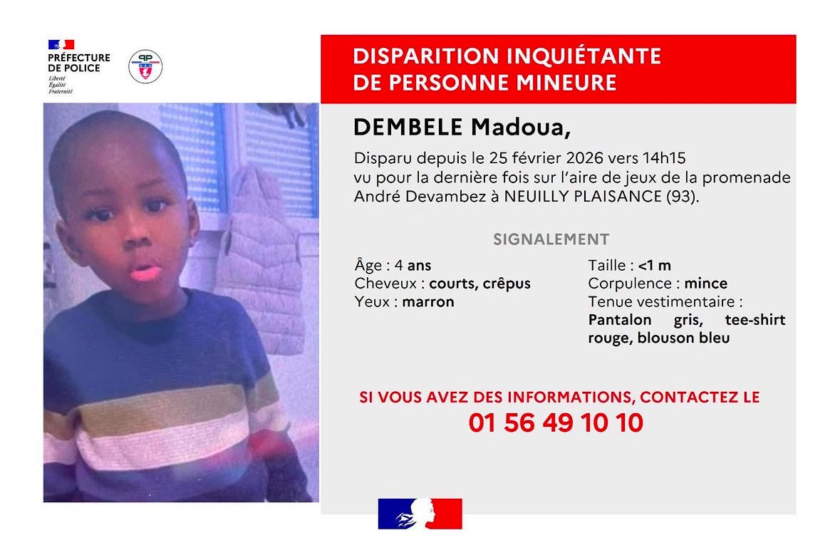 🚨 ALERTE DISPARITION

Madoua, 4 ans, autiste, a disparu il y a plus de 5 jours à Neuilly Plaisance.

Si vous l’avez vu contactez le 01 56 49 10 10 ‼️