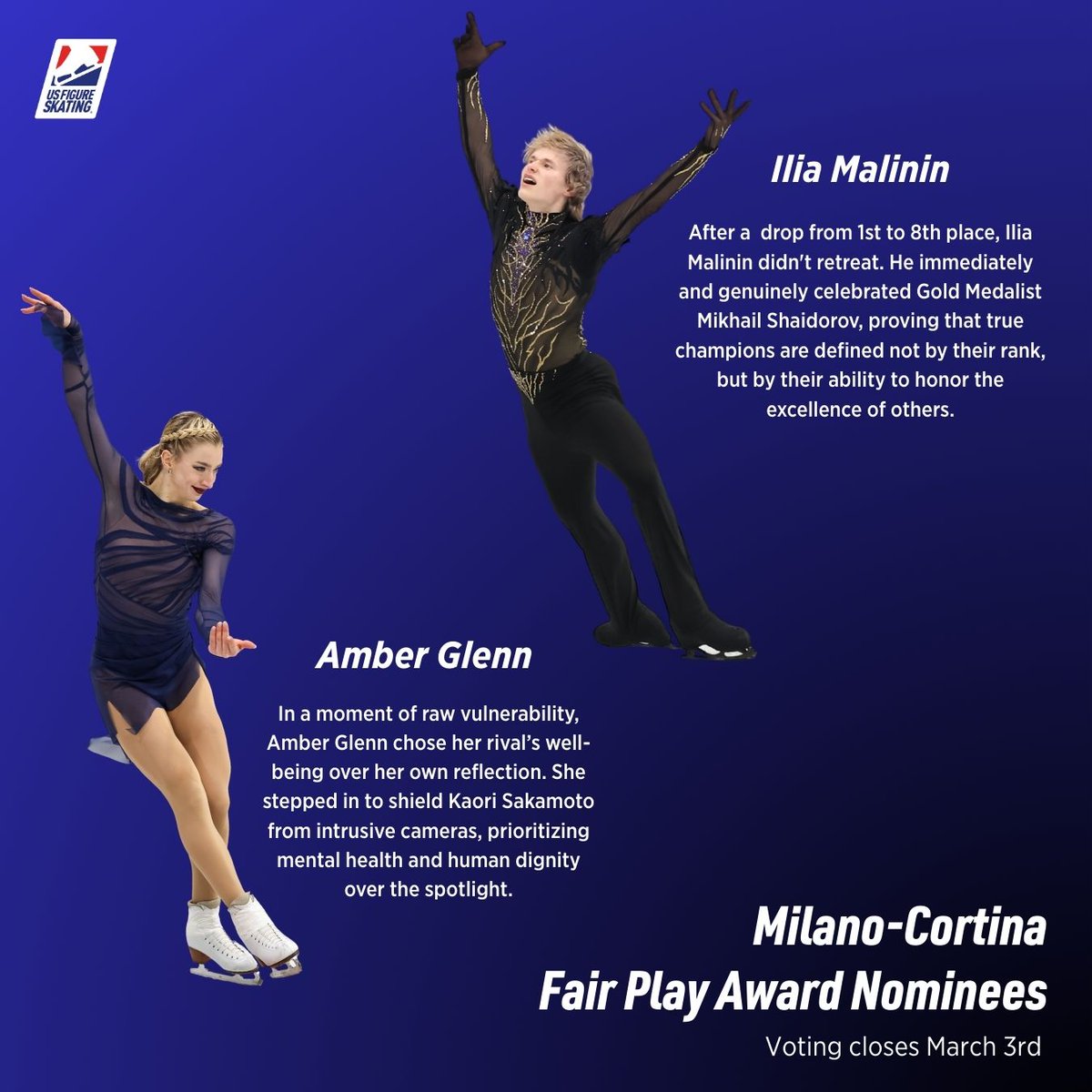 USFigureSkating's tweet photo. 2026 Team USA Olympians Ilia Malinin &amp; Amber Glenn are nominated for a Milano-Cortina Fair Play Award - Vote now! 

Voting ends tomorrow March 3: https://t.co/177LY6yNbW https://t.co/TDTmdEbgV0