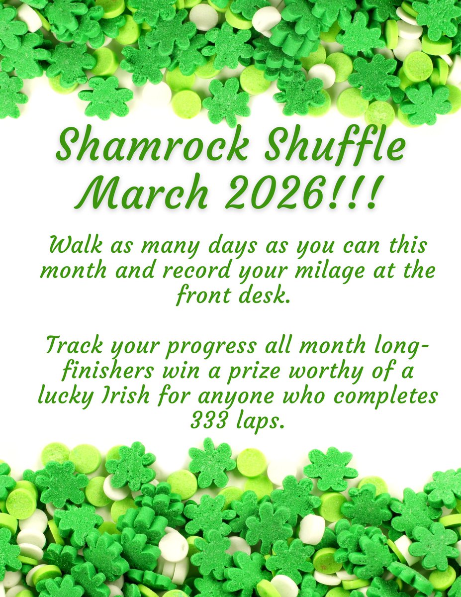 🍀 Shamrock Shuffle Walking Challenge is here!
Complete 333 laps on the indoor track by March 31.
Track your laps at the front desk. Finishers win a prize!
Sign up today at Broad Ripple Park FC.
#IndyParks #ShamrockShuffle #WalkingChallenge #StayActiveIndy